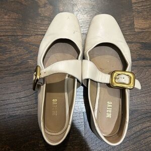 Anthropologie Maeve Cream Mary Jane Shoes with Gold Buckle